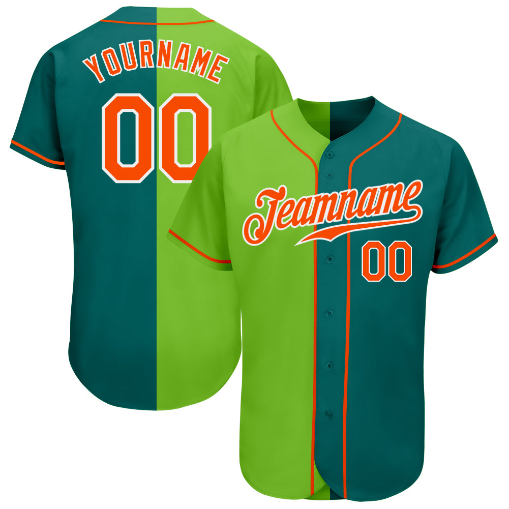 Custom Name Number Authentic Baseball Jersey in Teal Orange Neon Green and White Fashion Split Design Personalized Teal Orange