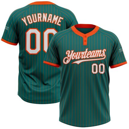 Custom Team Softball Jersey with Personalized Name and Number - Teal Orange Pinstripe, Two-Button Unisex Design Personalized