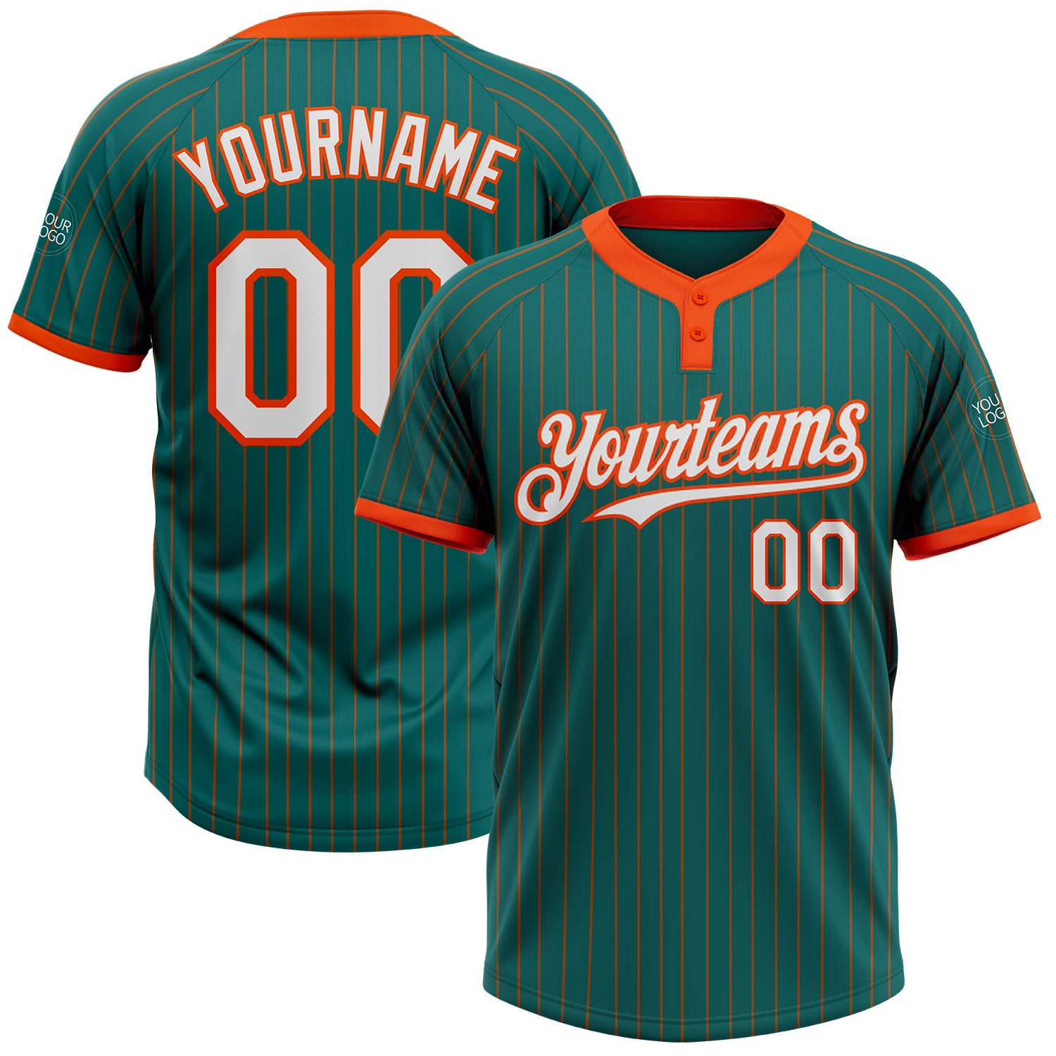 Custom Team Softball Jersey with Personalized Name and Number - Teal Orange Pinstripe, Two-Button Unisex Design Personalized