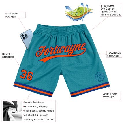 Custom Team Basketball Shorts with Name and Number - Personalized Teal Orange-Royal Authentic Throwback Design Personalized