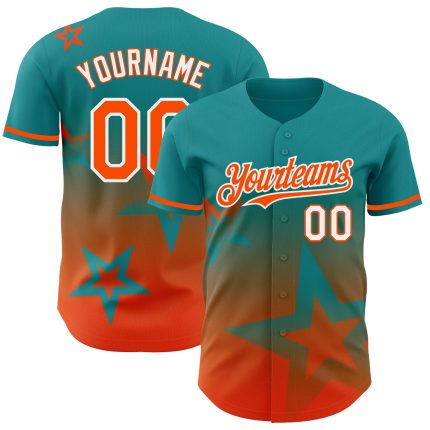 Custom Name & Number Authentic Baseball Jersey with Teal Orange-White 3D Gradient Twinkle Star Design Personalized Teal Orange-White