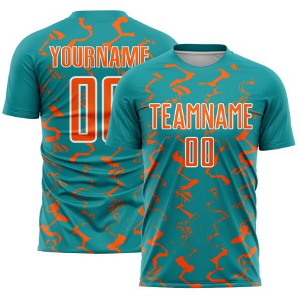 Custom Soccer Jersey with Abstract Teal Orange-White Design - Personalized Team Name & Number Personalized Teal Orange-White