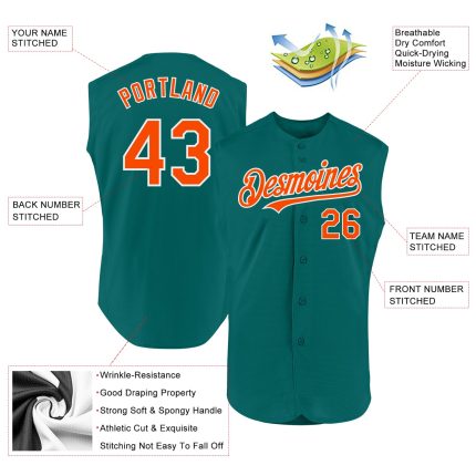 Custom Team Name and Number Sleeveless Baseball Jersey - Personalized Teal Orange-White Authentic Design Personalized Teal