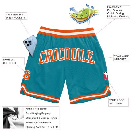 Personalized Authentic Basketball Shorts in Teal, Orange, and White - Throwback Design Personalized Teal Orange-White Authentic