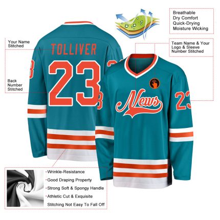 Custom Team Hockey Jersey with Personalized Name and Number in Teal, Orange, and White Personalized Teal Orange-White Hockey