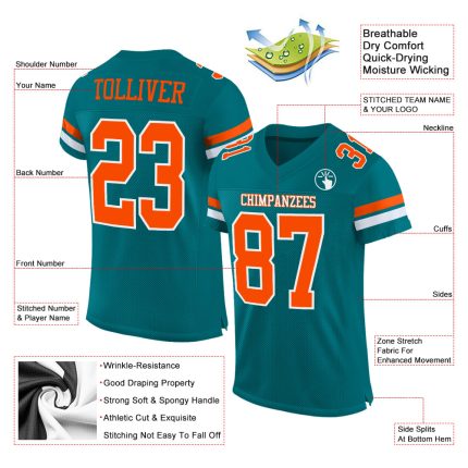 Custom Football Jersey with Personalized Name and Number - Teal Orange White Mesh Authentic Team Jersey Personalized Teal