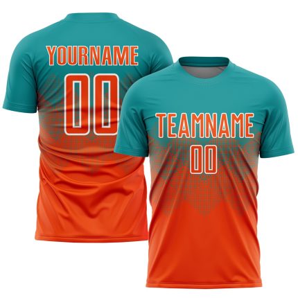 Custom Team Soccer Uniform Jersey with Personalized Name and Number - Teal Orange White Sublimation Personalized Teal Orange-White