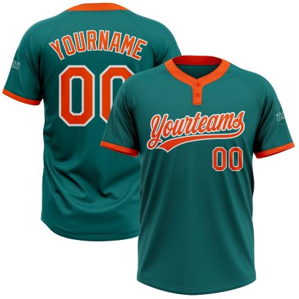 Custom Team Name and Number Unisex Softball Jersey in Teal Orange-White, Personalized Two-Button Design Personalized Teal