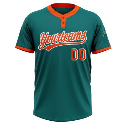 Custom Team Name and Number Unisex Softball Jersey in Teal Orange-White, Personalized Two-Button Design Personalized Teal