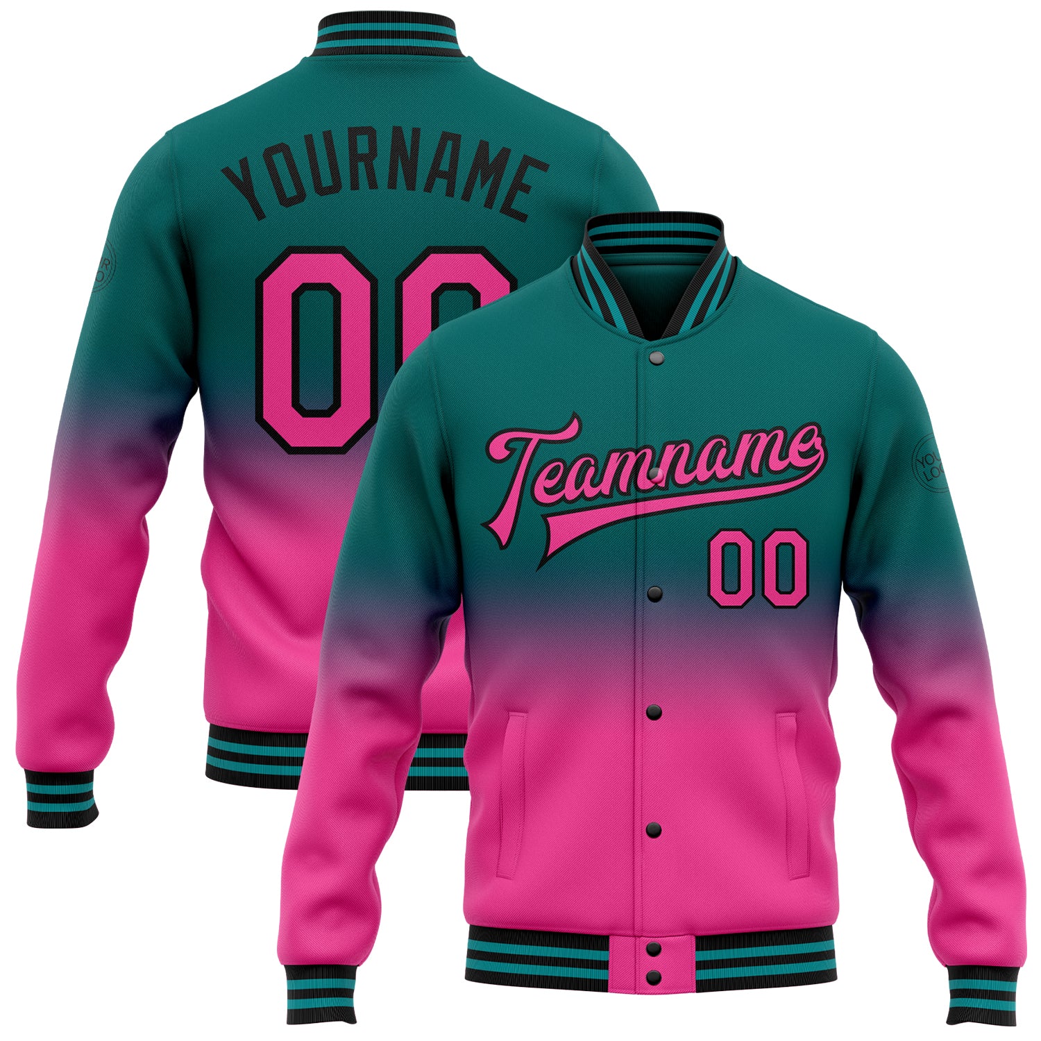 Custom Personalized Varsity Letterman Jacket for Team with Name & Number - Teal Pink Black Bomber Full-Snap Fashion Outerwear