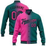 Custom Name and Number Teal Pink Black Gradient Varsity Letterman Bomber Fashion Jacket Personalized Teal Pink-Black Bomber