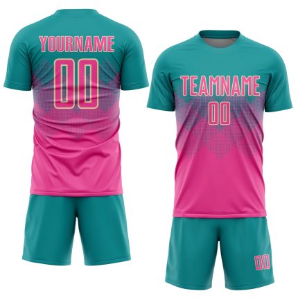 Custom Sublimation Soccer Uniform Jersey with Personalized Name and Number in Teal Pink Cream Personalized Teal Pink-Cream