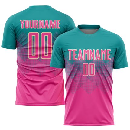 Custom Sublimation Soccer Uniform Jersey with Personalized Name and Number in Teal Pink Cream Personalized Teal Pink-Cream