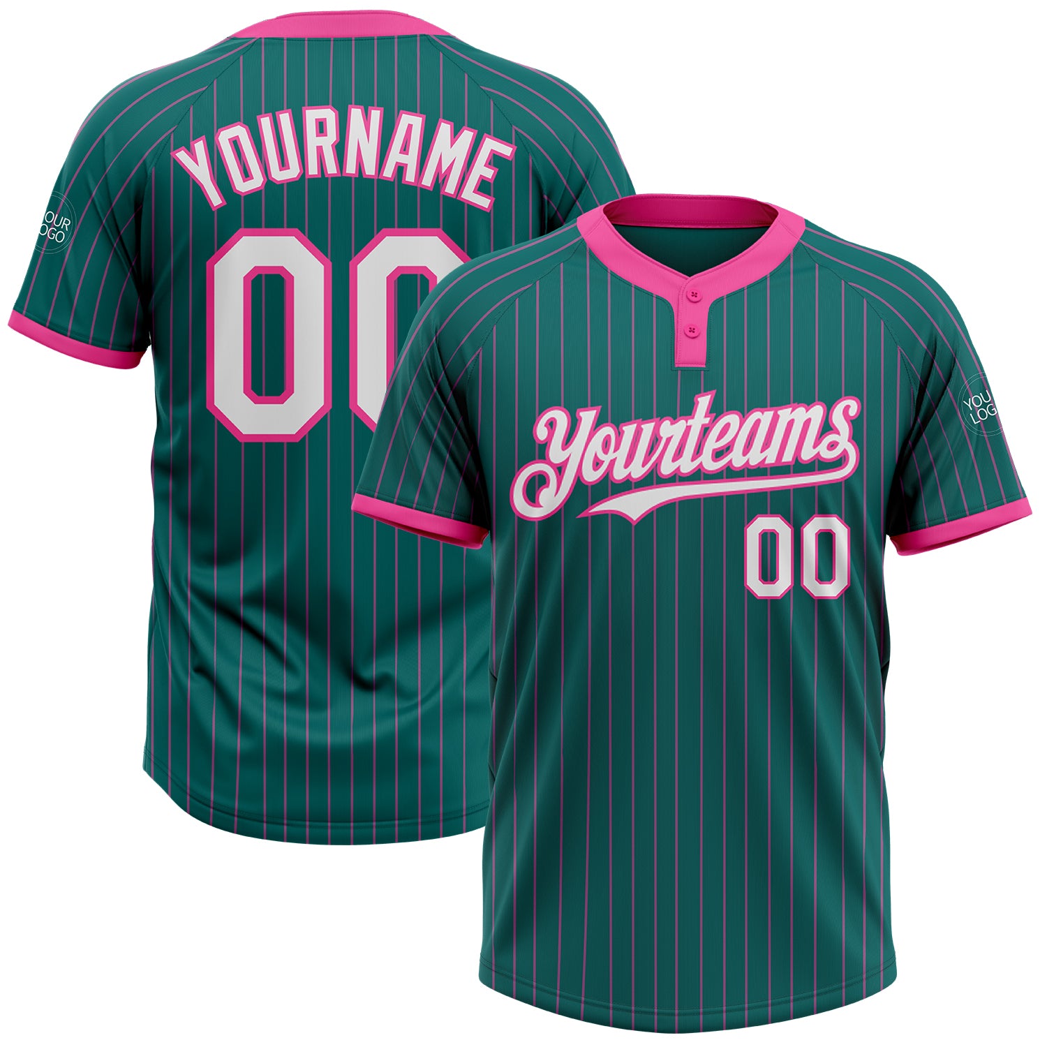 Custom Softball Jersey Unisex Two-Button Teal Pink Pinstripe with Personalized Name and Number Personalized Teal Pink Pinstripe