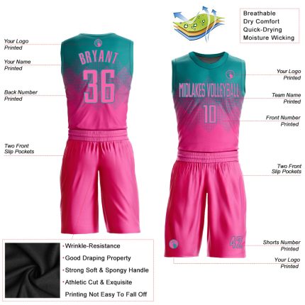 Custom Basketball Jersey with Name and Number - Personalized Teal Pink Round Neck Sublimation Suit Personalized Teal Pink