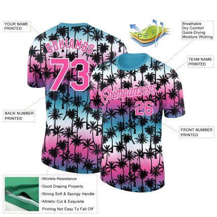 Custom Name Number Performance T-Shirt with Teal Pink White 3D Hawaii Palm Trees Design Personalized Teal Pink-White 3D Pattern