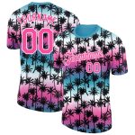 Custom Name Number Performance T-Shirt with Teal Pink White 3D Hawaii Palm Trees Design Personalized Teal Pink-White 3D Pattern