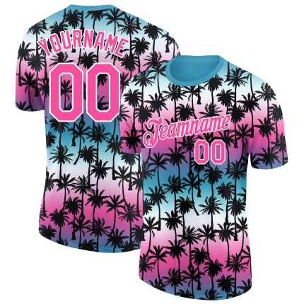 Custom Name Number Performance T-Shirt with Teal Pink White 3D Hawaii Palm Trees Design Personalized Teal Pink-White 3D Pattern