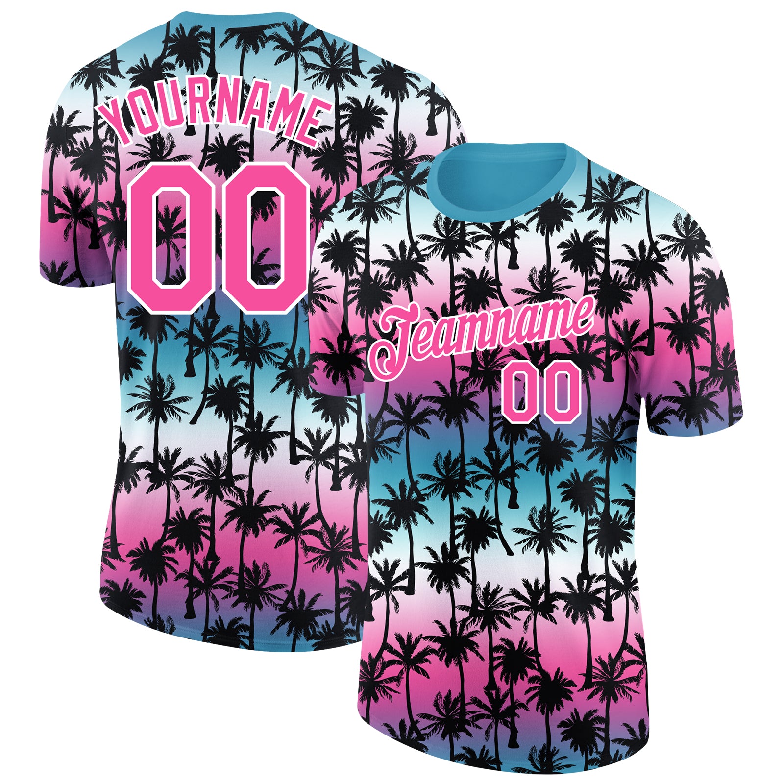 Custom Name Number Performance T-Shirt with Teal Pink White 3D Hawaii Palm Trees Design Personalized Teal Pink-White 3D Pattern
