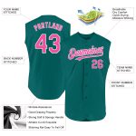 Custom teal, pink and white sleeveless baseball jersey, back view