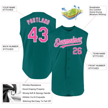 Custom teal, pink and white sleeveless baseball jersey, back view
