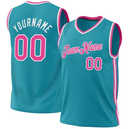 Personalized Teal Pink White Basketball Jersey | Authentic Throwback Design Personalized Teal Pink-White Authentic Throwback