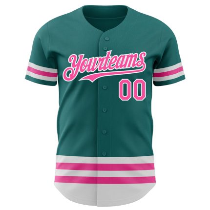 Custom Name and Number Authentic Baseball Jersey - Personalized Teal Pink-White Line Design Personalized Teal Pink-White