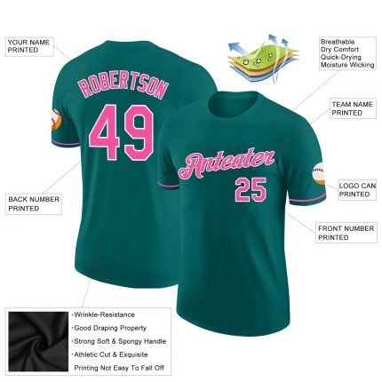 Custom Team Performance T-Shirt with Personalized Name and Number - Teal Pink-White Personalized Teal Pink-White Performance