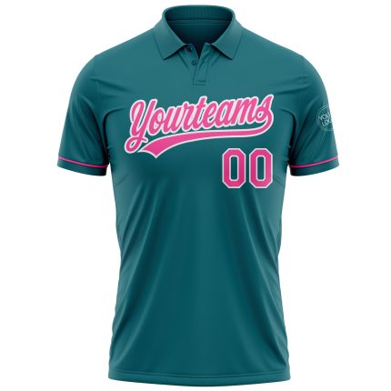 Custom Team Name Number Vapor Golf Polo Shirt, Personalized Teal Pink-White Performance Apparel Personalized Teal Pink-White