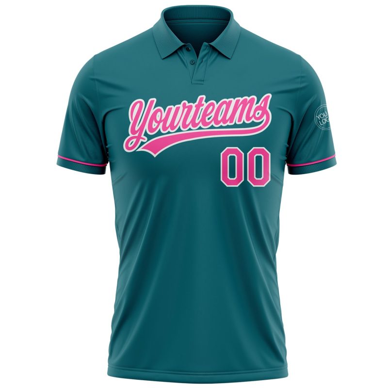 Custom Team Name Number Vapor Golf Polo Shirt, Personalized Teal Pink-White Performance Apparel Personalized Teal Pink-White