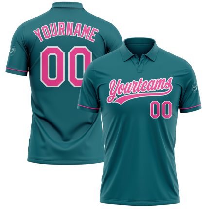 Custom Team Name Number Vapor Golf Polo Shirt, Personalized Teal Pink-White Performance Apparel Personalized Teal Pink-White