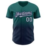 Custom Name and Number Personalized Teal Pinstripe Gray-Navy Baseball Jersey - Authentic Fade Design Personalized Teal Pinstripe