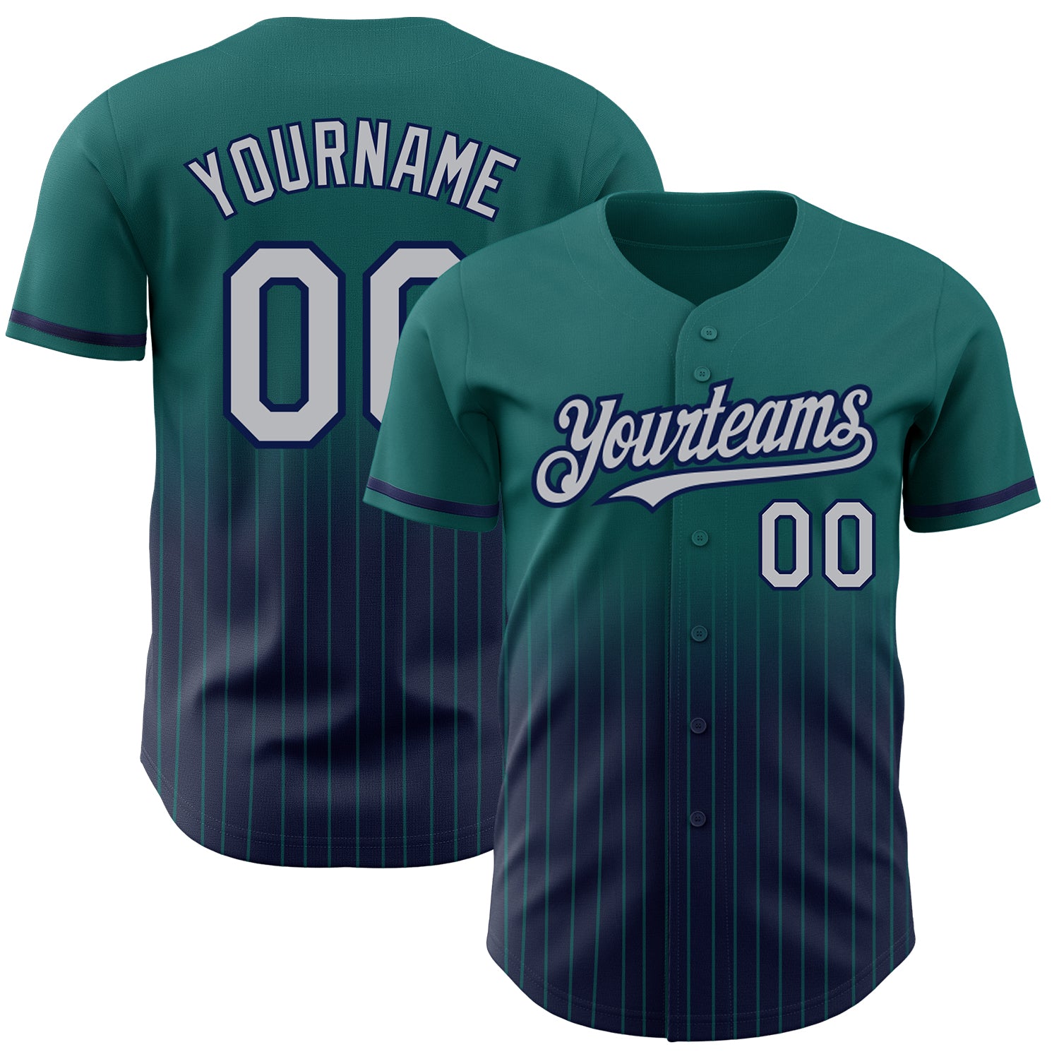 Custom Name and Number Personalized Teal Pinstripe Gray-Navy Baseball Jersey - Authentic Fade Design Personalized Teal Pinstripe