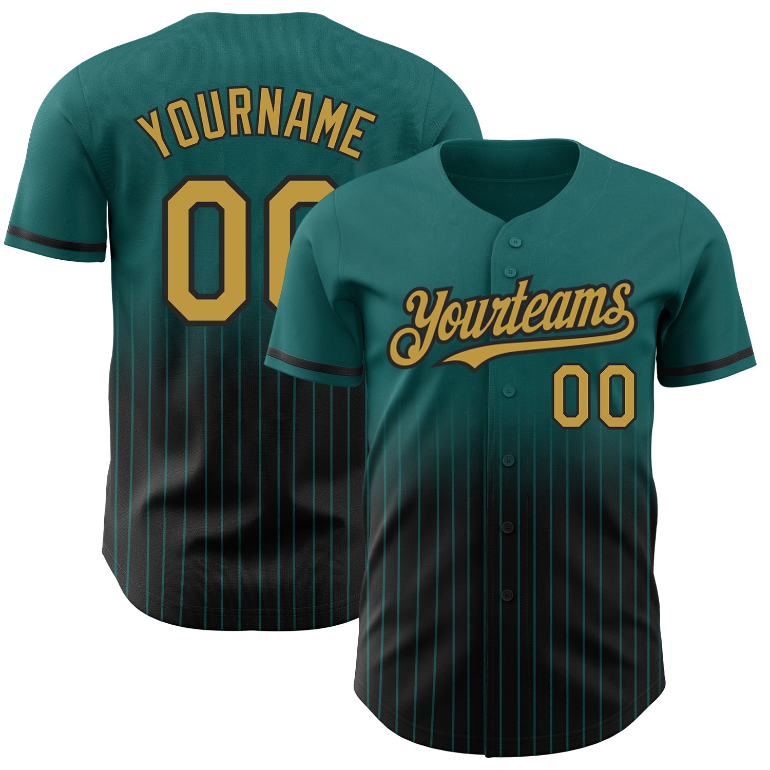 Custom Teal Pinstripe Baseball Jersey with Old Gold-Black Fade, Personalized Name & Number, Authentic Team Apparel Personalized