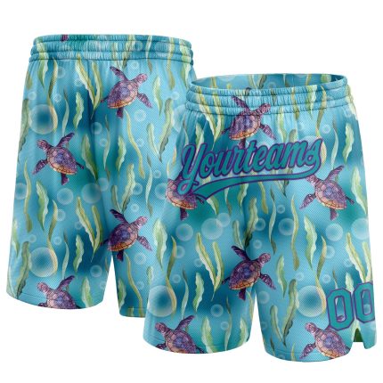 Custom Name and Number Basketball Shorts with 3D Aquatic Plants and Sea Turtles Pattern in Teal Purple Personalized Teal