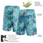 Custom Name and Number Basketball Shorts with 3D Aquatic Plants and Sea Turtles Pattern in Teal Purple Personalized Teal