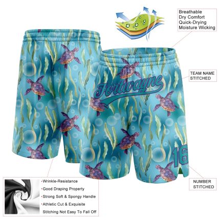 Custom Name and Number Basketball Shorts with 3D Aquatic Plants and Sea Turtles Pattern in Teal Purple Personalized Teal