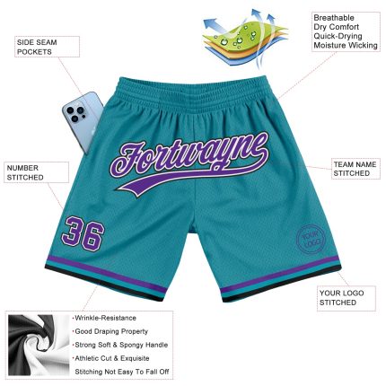 Custom Name Number Authentic Throwback Basketball Shorts Teal Purple Black Personalized Team Design Personalized Teal Purple-Black
