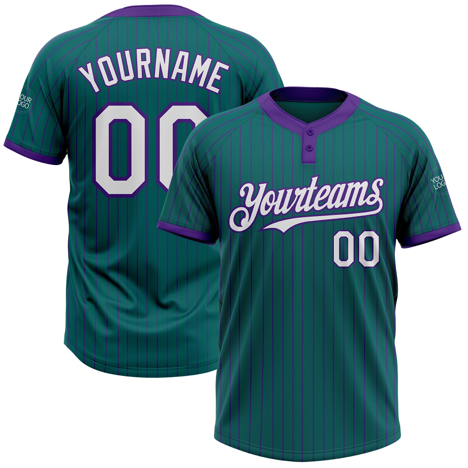 Custom Team Softball Jersey with Personalized Name & Number - Teal Purple Pinstripe Unisex Two-Button Design Personalized