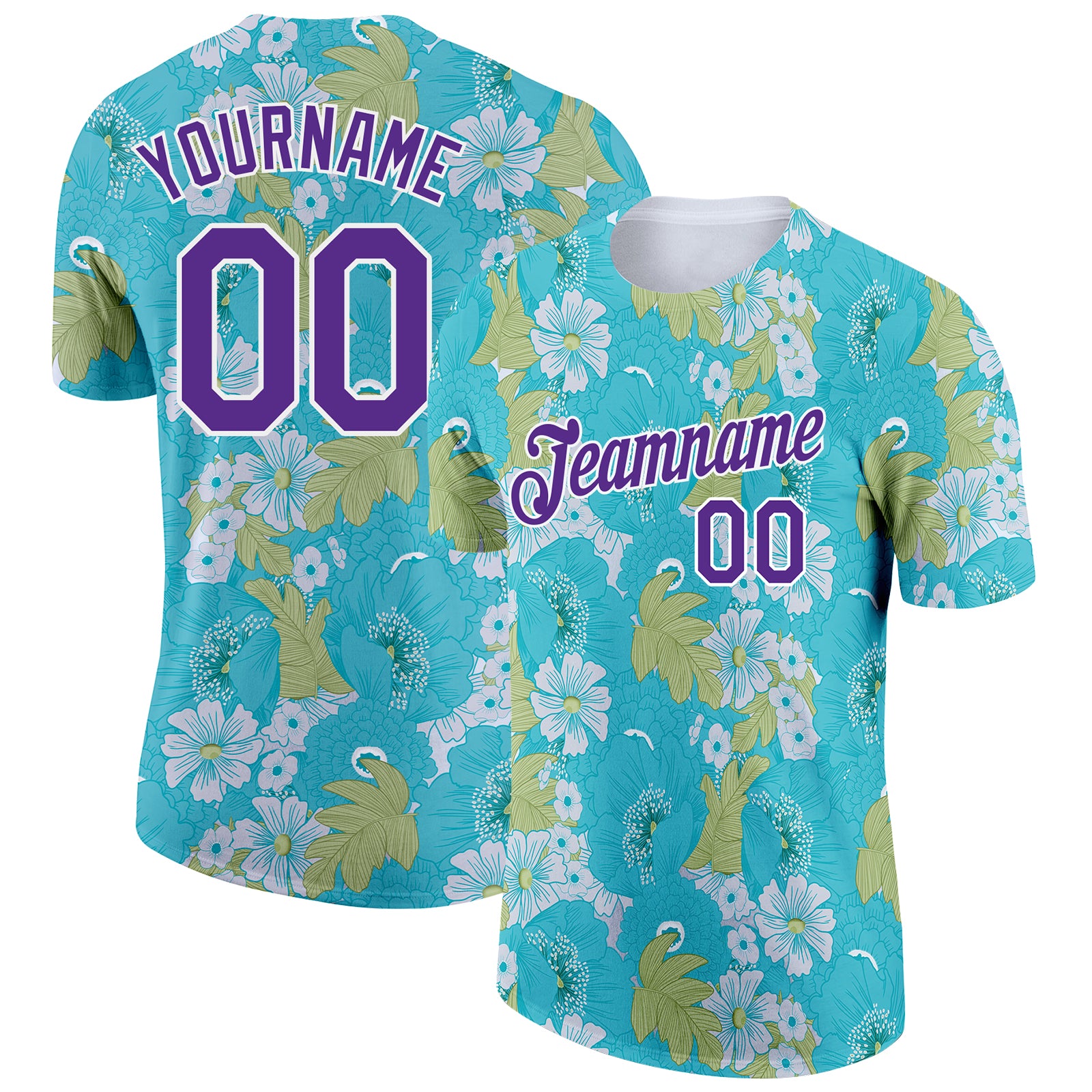 Custom Team T-Shirt with Personalized Name & Number - Teal Purple White 3D Flower Pattern Design Personalized Teal Purple-White