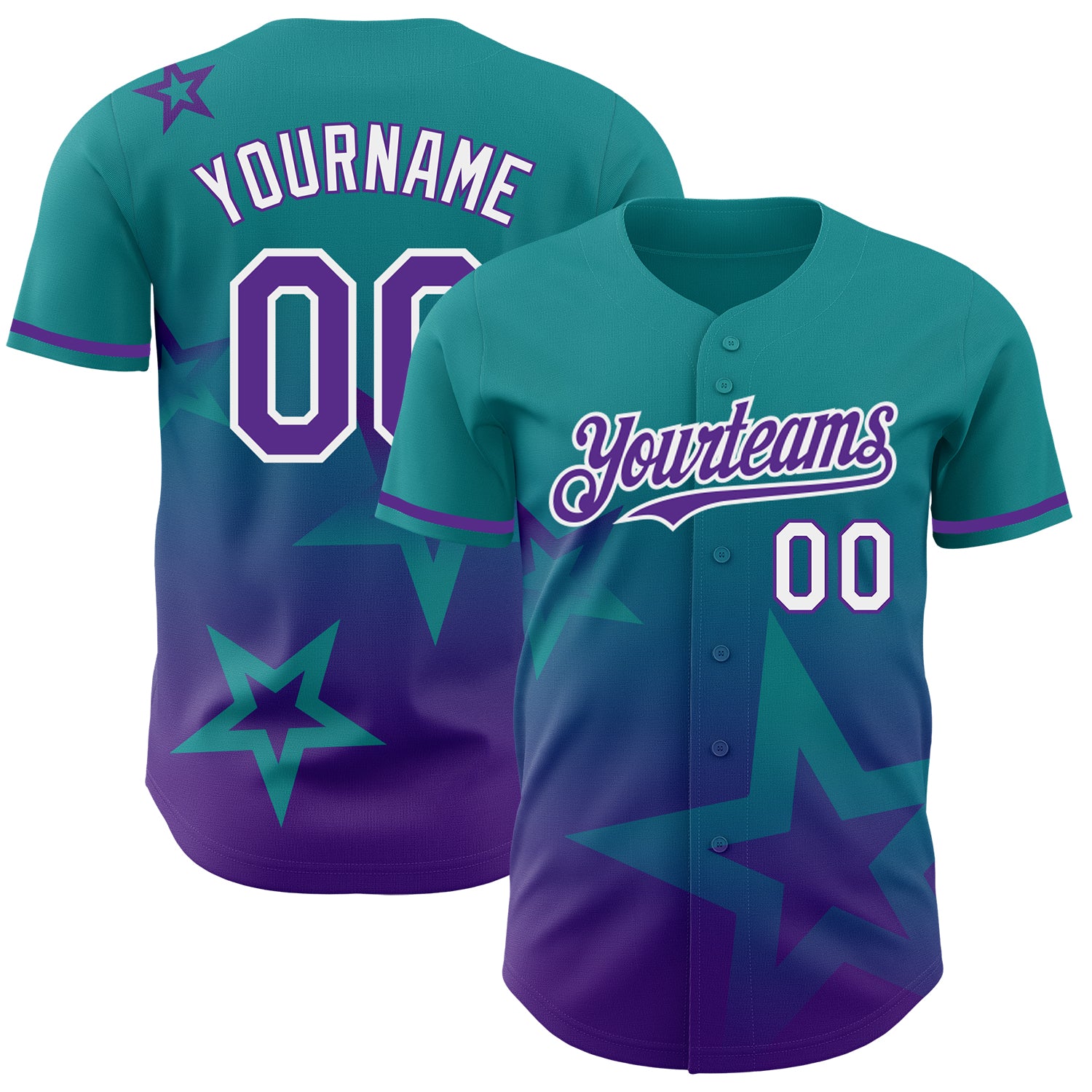 Custom Name & Number Authentic Baseball Jersey - Teal Purple White 3D Twinkle Star Gradient Design Personalized Teal Purple-White