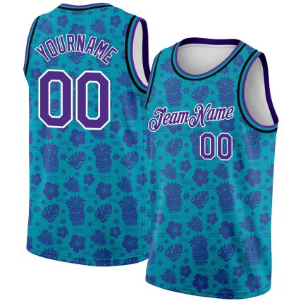 Custom Name Number Basketball Jersey Hawaii Palm Trees 3D Pattern Teal Purple White Authentic Personalized Teal Purple-White
