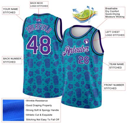 Custom Name Number Basketball Jersey Hawaii Palm Trees 3D Pattern Teal Purple White Authentic Personalized Teal Purple-White