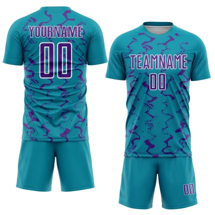Custom Soccer Jersey with Teal Purple-White Abstract Lines, Personalized Name and Number, Sublimation Design Personalized