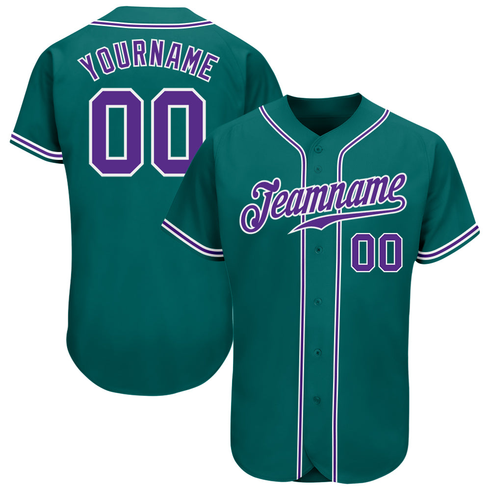 Personalized Authentic Baseball Jersey in Teal Purple and White Personalized Teal Purple-White Authentic Baseball Jersey