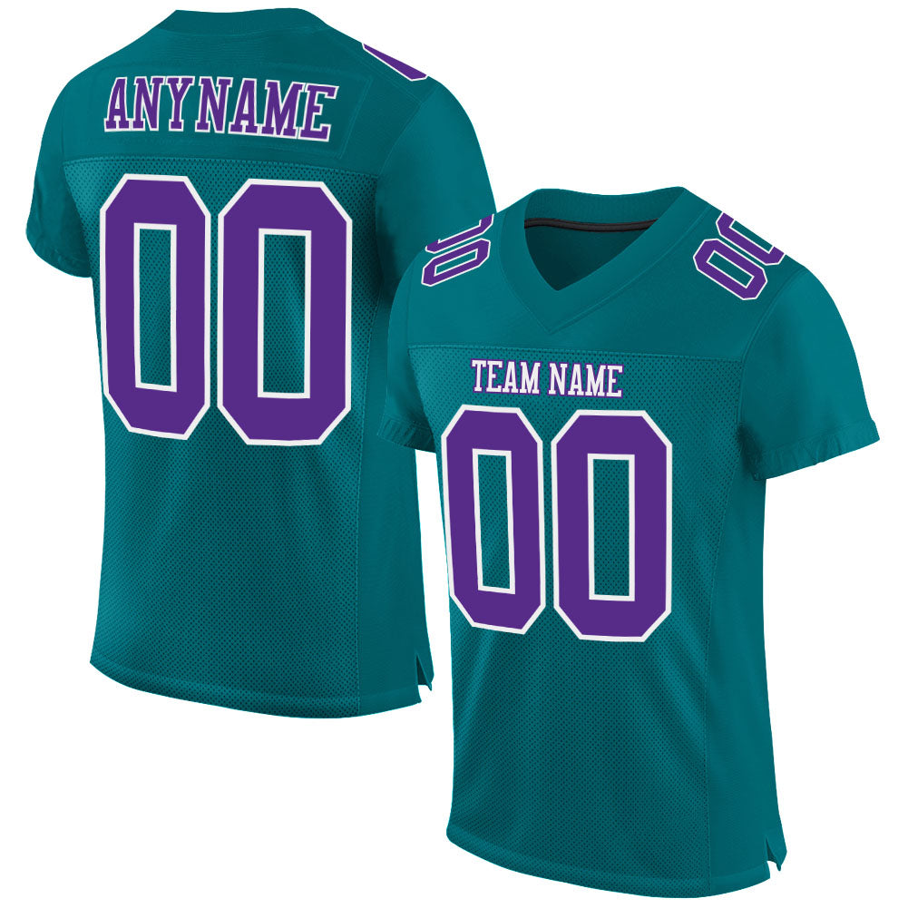 Custom Team Football Jersey with Personalized Name and Number - Teal Purple White Mesh Personalized Teal Purple-White Mesh