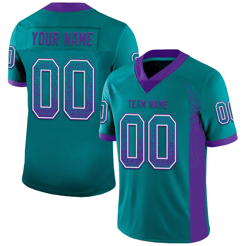 Custom Team Football Jersey with Personalized Name and Number in Teal Purple White Mesh Drift Design Personalized Teal Purple-White