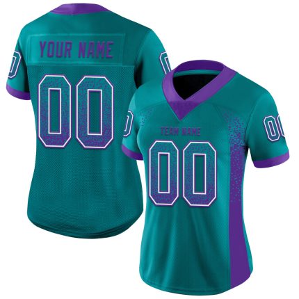 Custom Team Football Jersey with Personalized Name and Number in Teal Purple White Mesh Drift Design Personalized Teal Purple-White