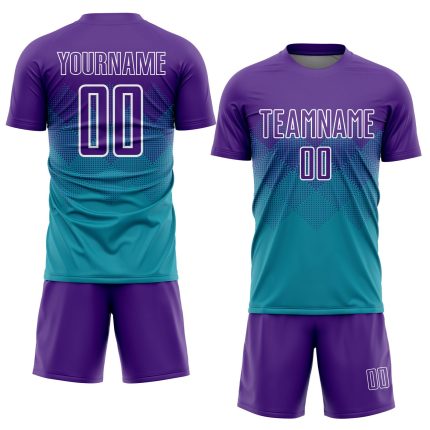 Custom Soccer Jersey with Personalized Name and Number in Teal Purple-White Sublimation Design Personalized Teal Purple-White