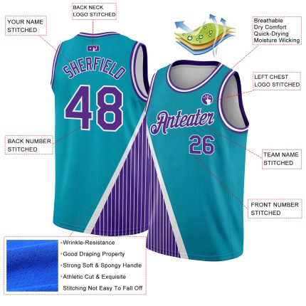 Custom Name Number Basketball Jersey Authentic City Edition Teal Purple White Triangle Pinstripes Personalized Teal Purple-White